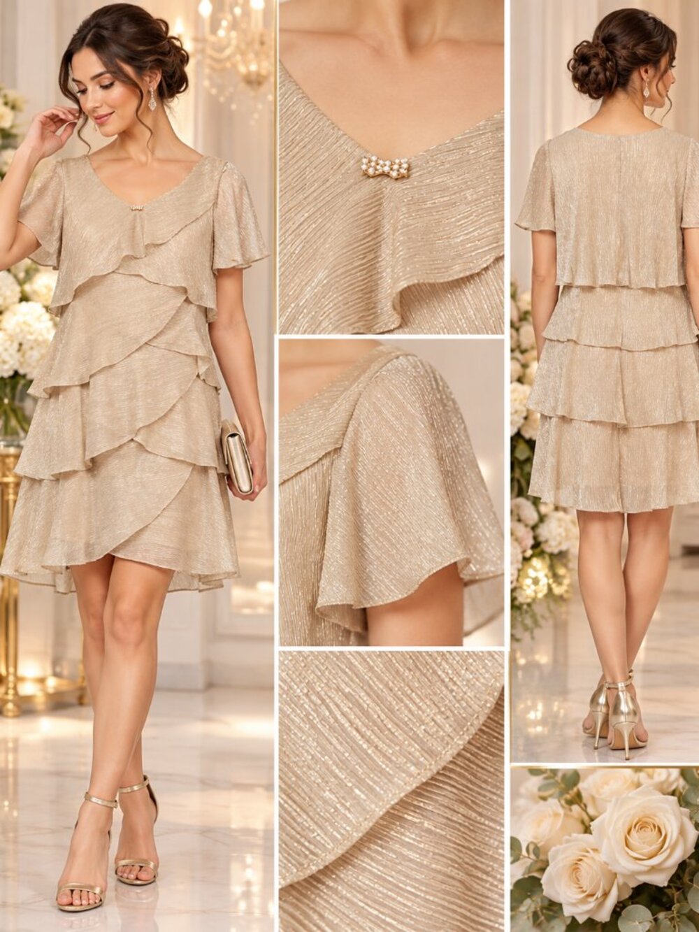 SL Fashions Gold Shimmer Tiered Ruffle Cocktail Dress Size 14 NWT